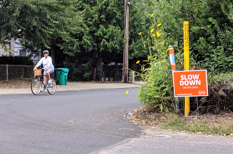 Person on bicycle at intersection with Slow Down sign